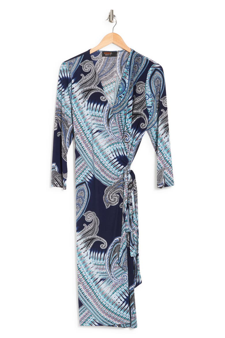 Paisley Print Jersey Wrap Dress, Alternate, color, NAVY