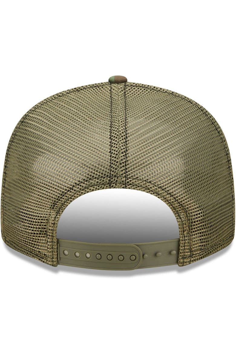Men's New Era Camo/Olive Los Angeles Rams Trucker 9FIFTY Snapback Hat, Alternate, color, Camo