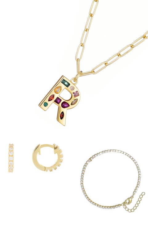 3-Piece Initial Necklace, Earrings & Bracelet Set
