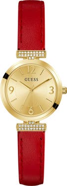 GUESS Goldtone Red Leather Strap Watch, 28mm