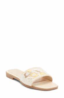 TOP MODA Rae Floral Beaded Raffia Slide Sandal