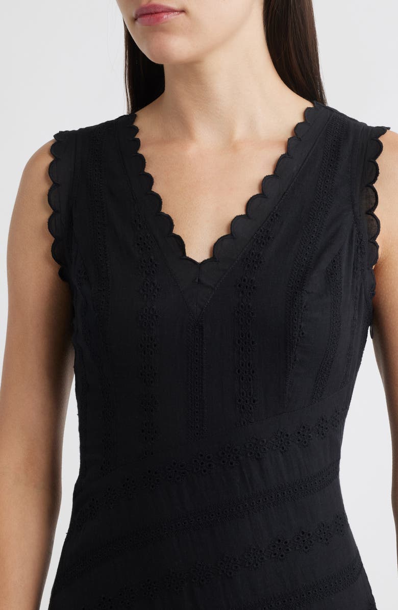 MOON RIVER Eyelet Asymmetric Cotton Midi Dress, Alternate, color, Black