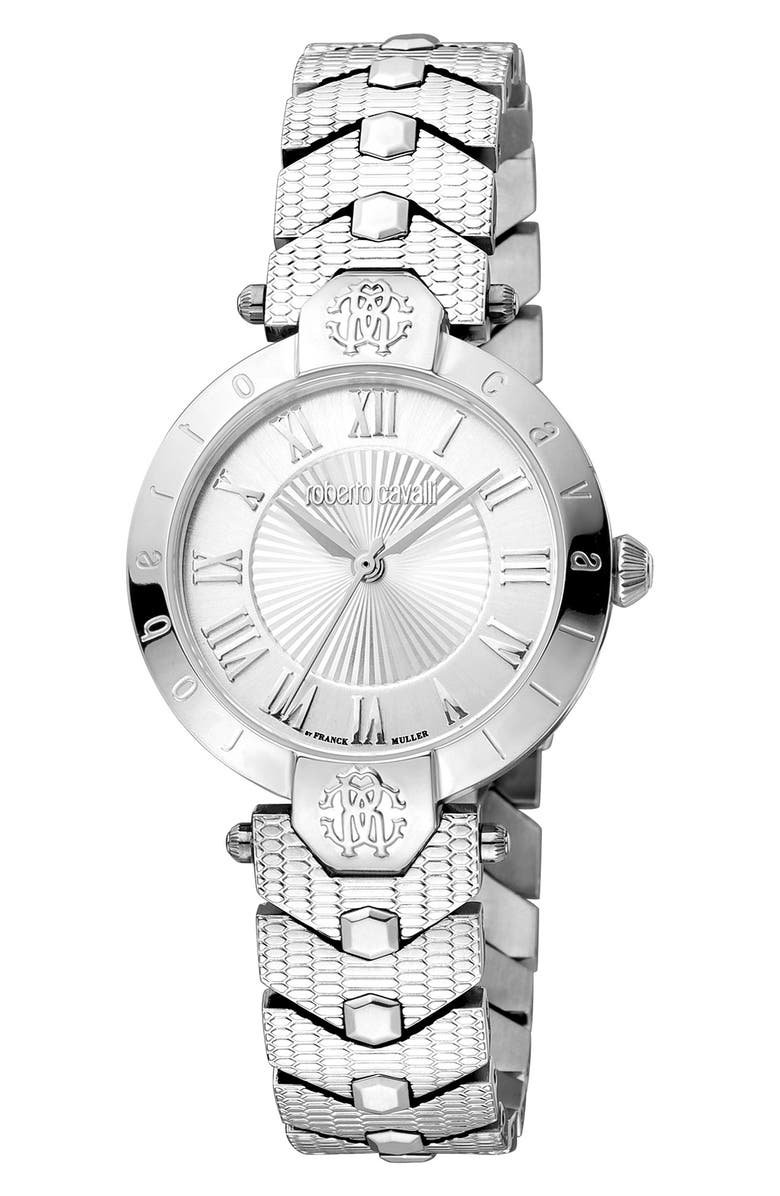 Roberto Cavalli by Franck Muller Swiss Quartz Bracelet Watch, 30mm, Main, color, Silver
