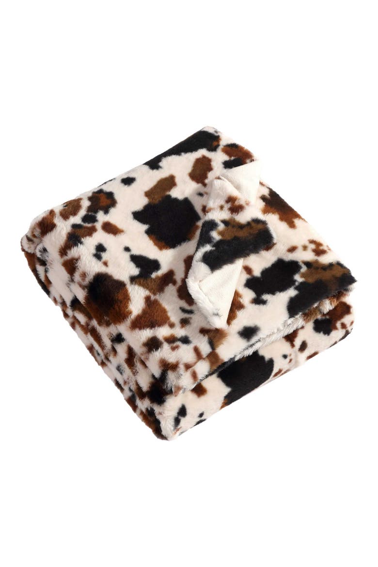 Spotted Cow Print Faux Fur Throw Blanket, Main, color, MEDIUM/DARK BROWN