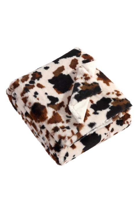 Spotted Cow Print Faux Fur Throw Blanket