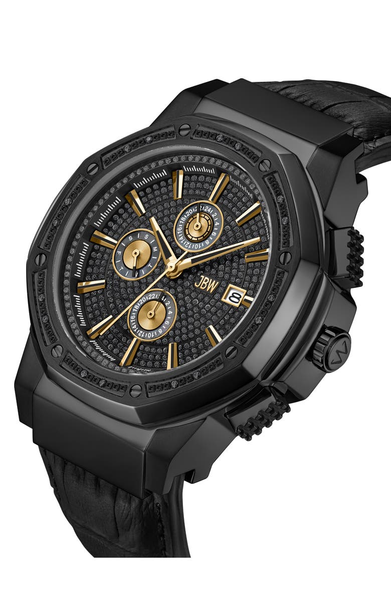 JBW Saxon Diamond Croc Embossed Leather Strap Watch, 44mm - 0.08 ctw, Alternate, color, Ip Black