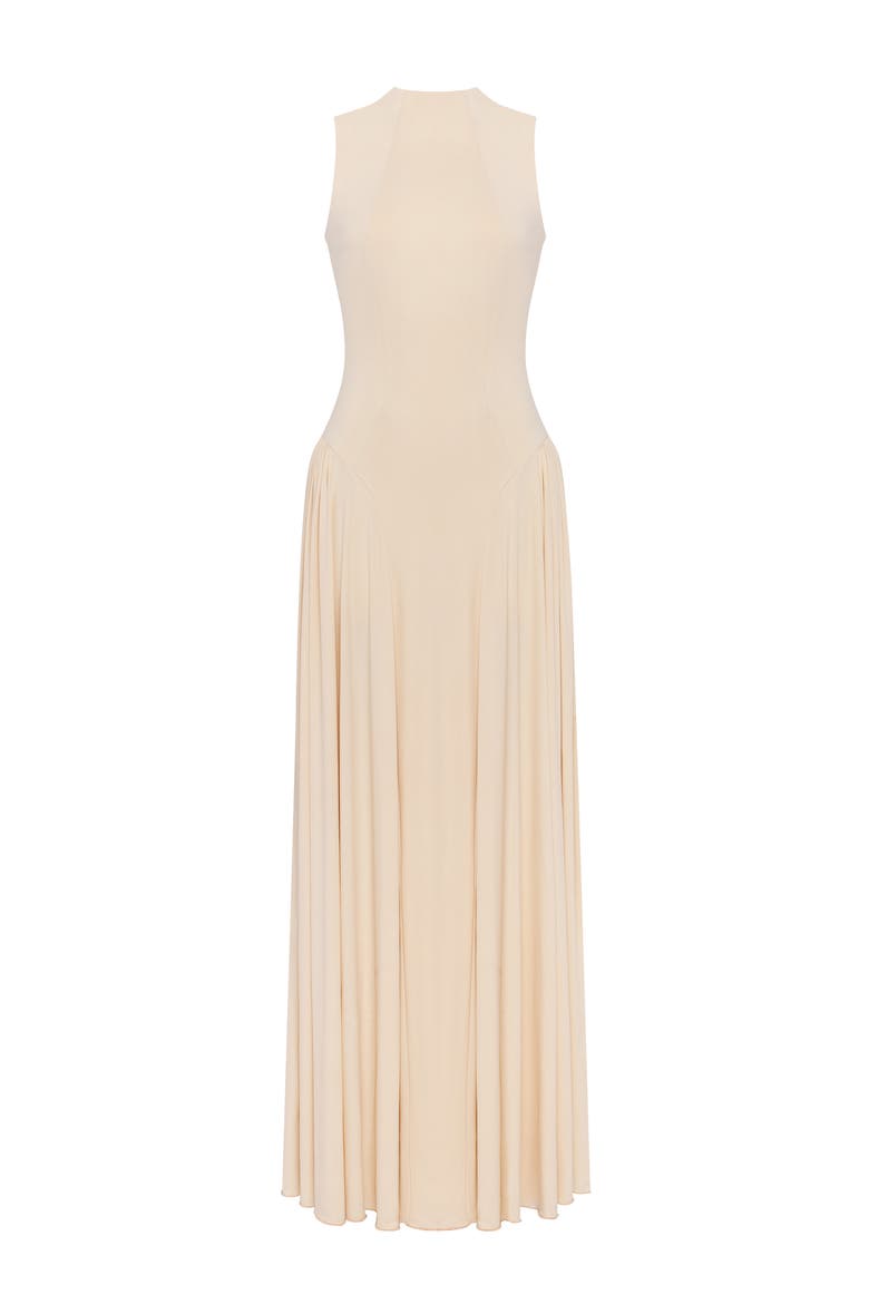 Sleeveless mock neck dress with a pleated maxi skirt, Main, color, Nude