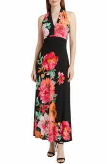 London Times Floral Print Halter Maxi Dress