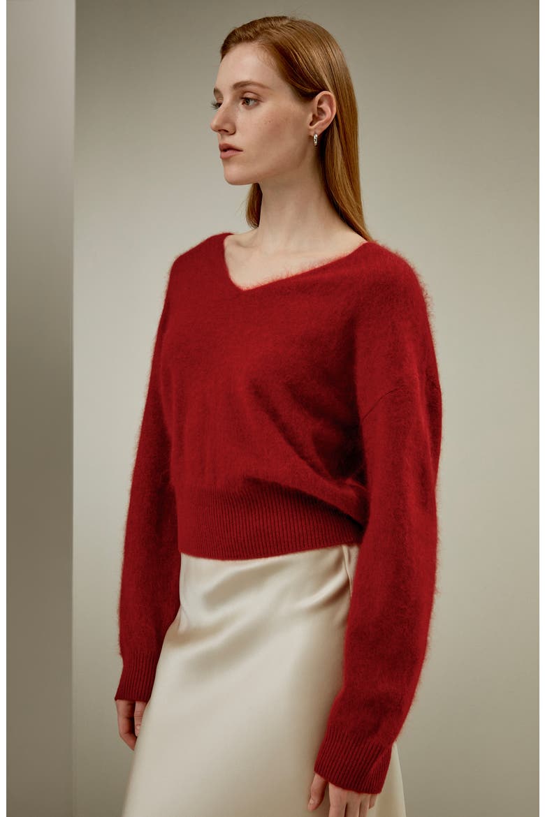 Women's Cropped V-Neck Cashmere Sweater, Alternate, color, Red