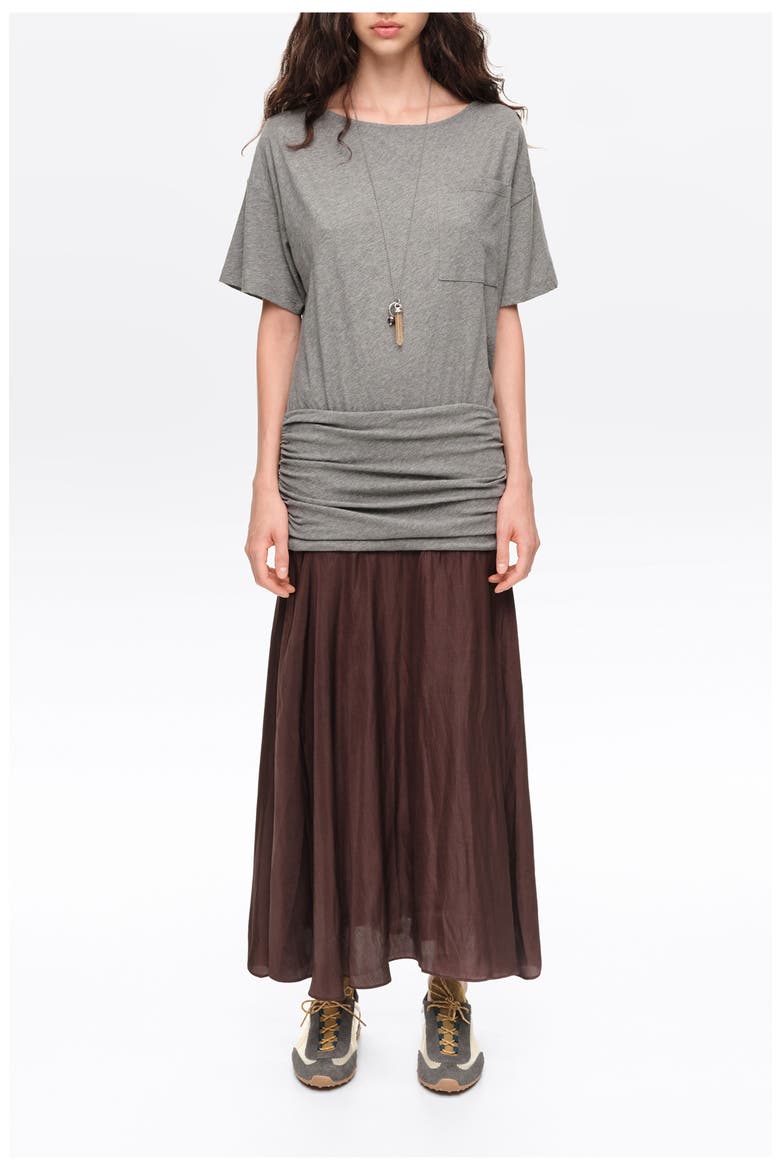 Ruched Two-Material Flared Midi Dress, Main, color, MELANGE GREY