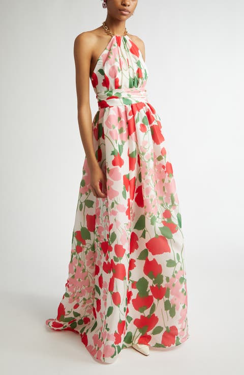 Chain Strap Floral Silk Gazar Halter Gown
