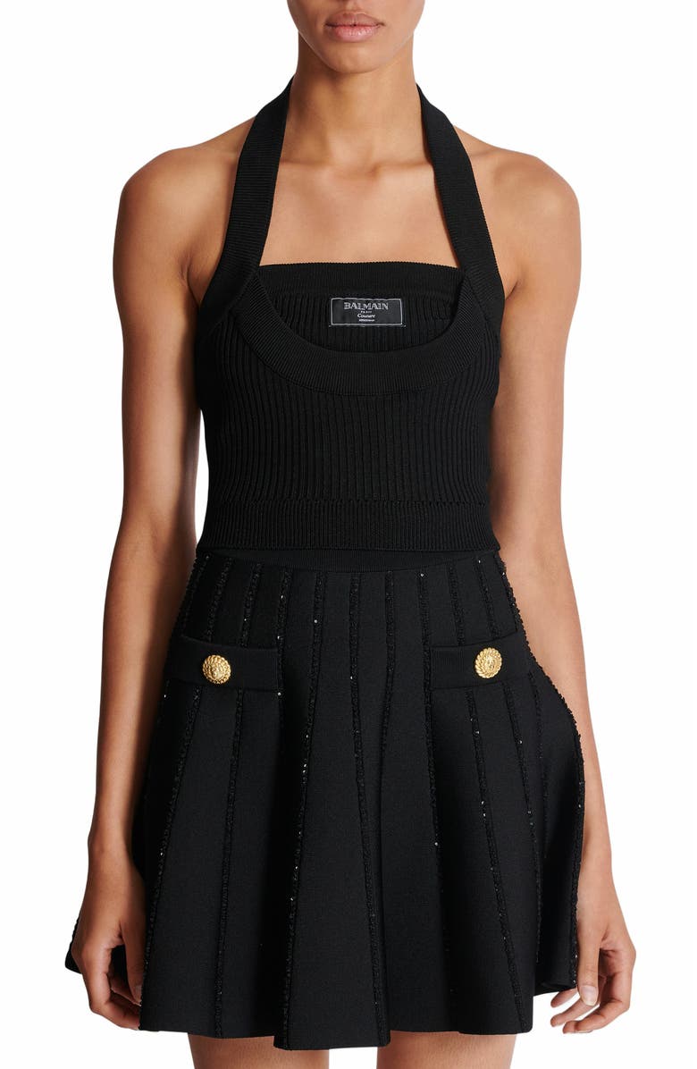 Balmain Ribbed Knit Halterneck Top, Alternate, color, Black