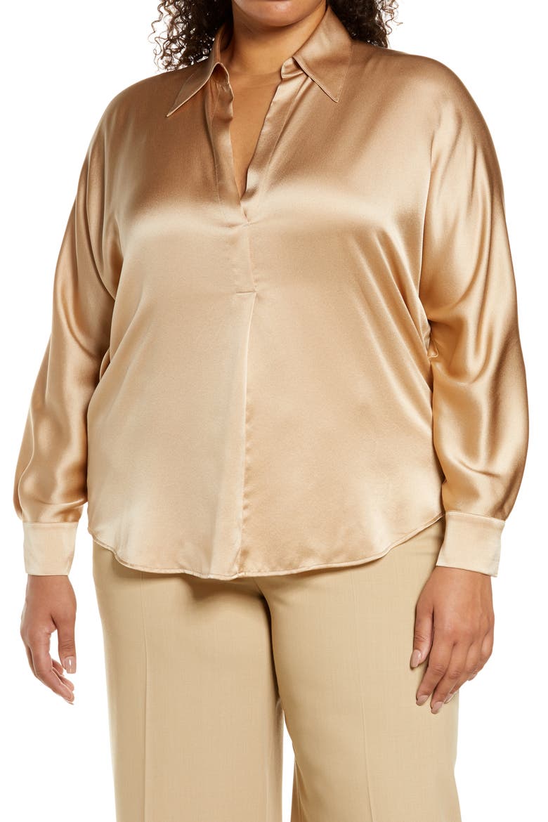 Split Neck Collar Silk Blouse, Main, color, CHAMOIS