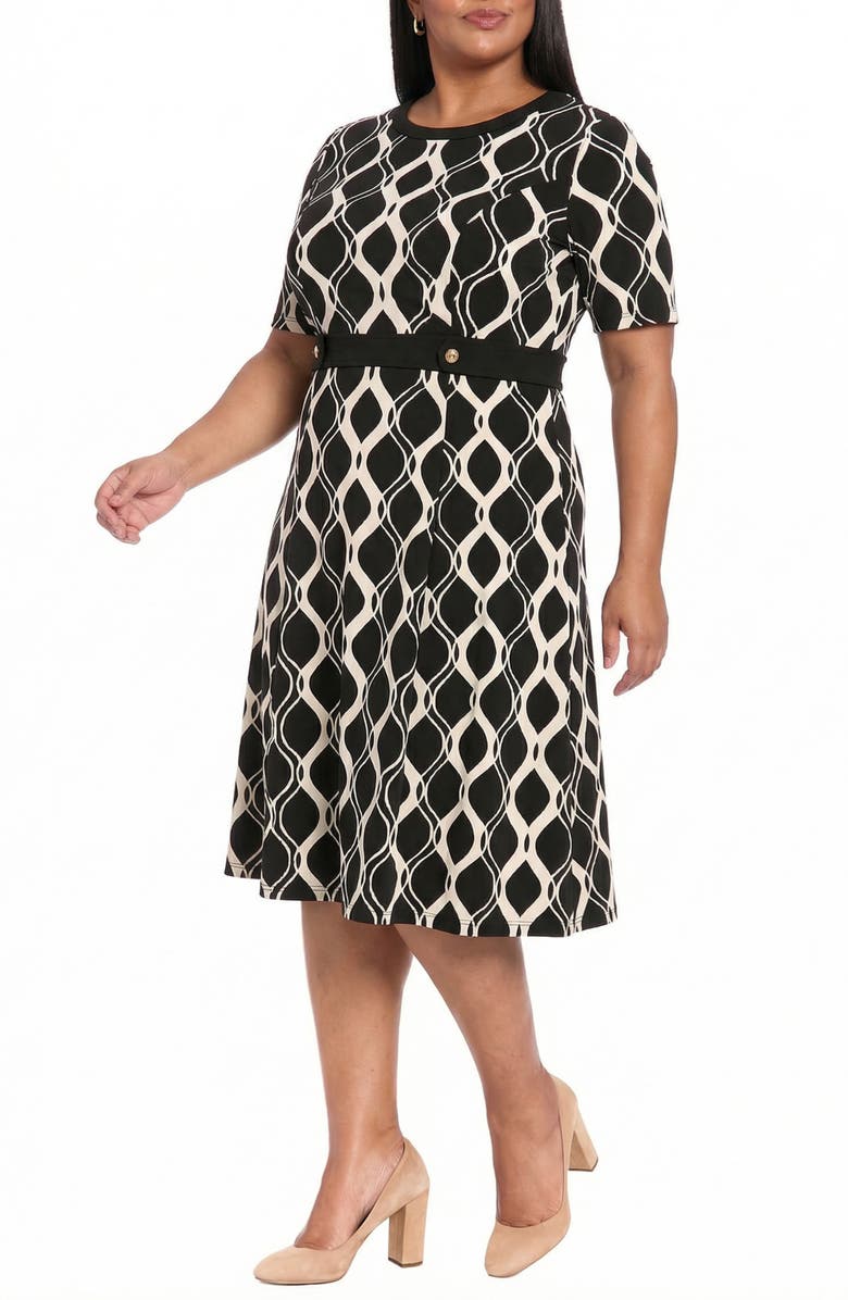 London Times Side Tab Fit & Flare Dress, Alternate, color, Ivory/ Black