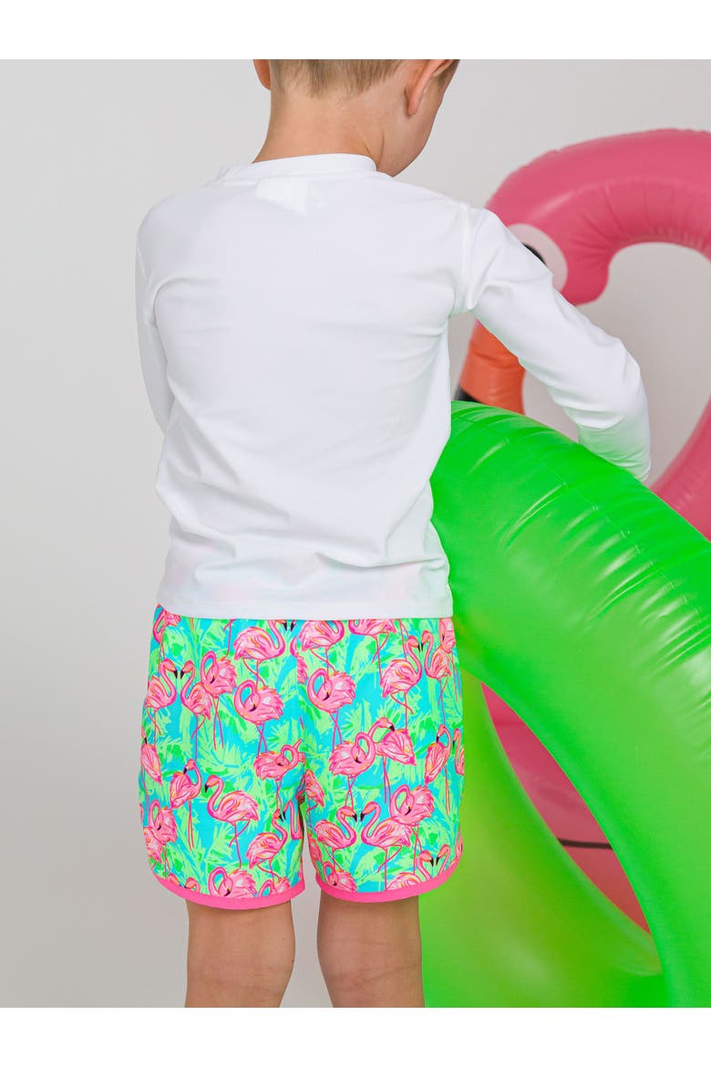 Boys UPF50+ Sun Protected Dolphin Hem Swim Trunks, Alternate, color, Neon Flamingo Fun