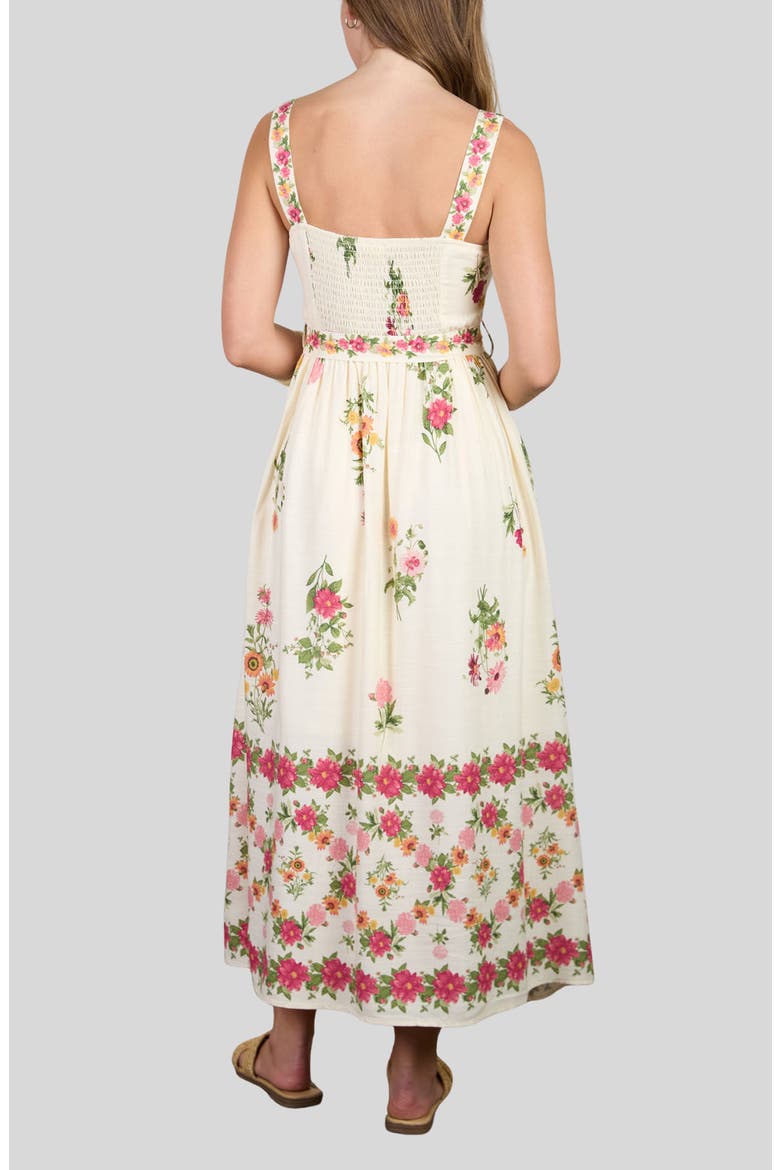 Belted Floral Scallop Edge Midi Dress, Alternate, color, LIGHT KHAKI MULTI