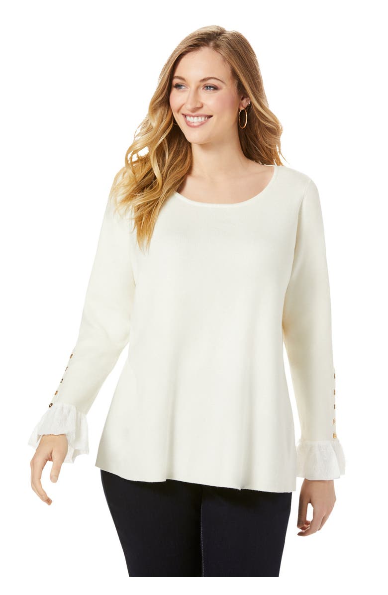 Jessica London Lace Cuff Pullover, Main, color, Ivory