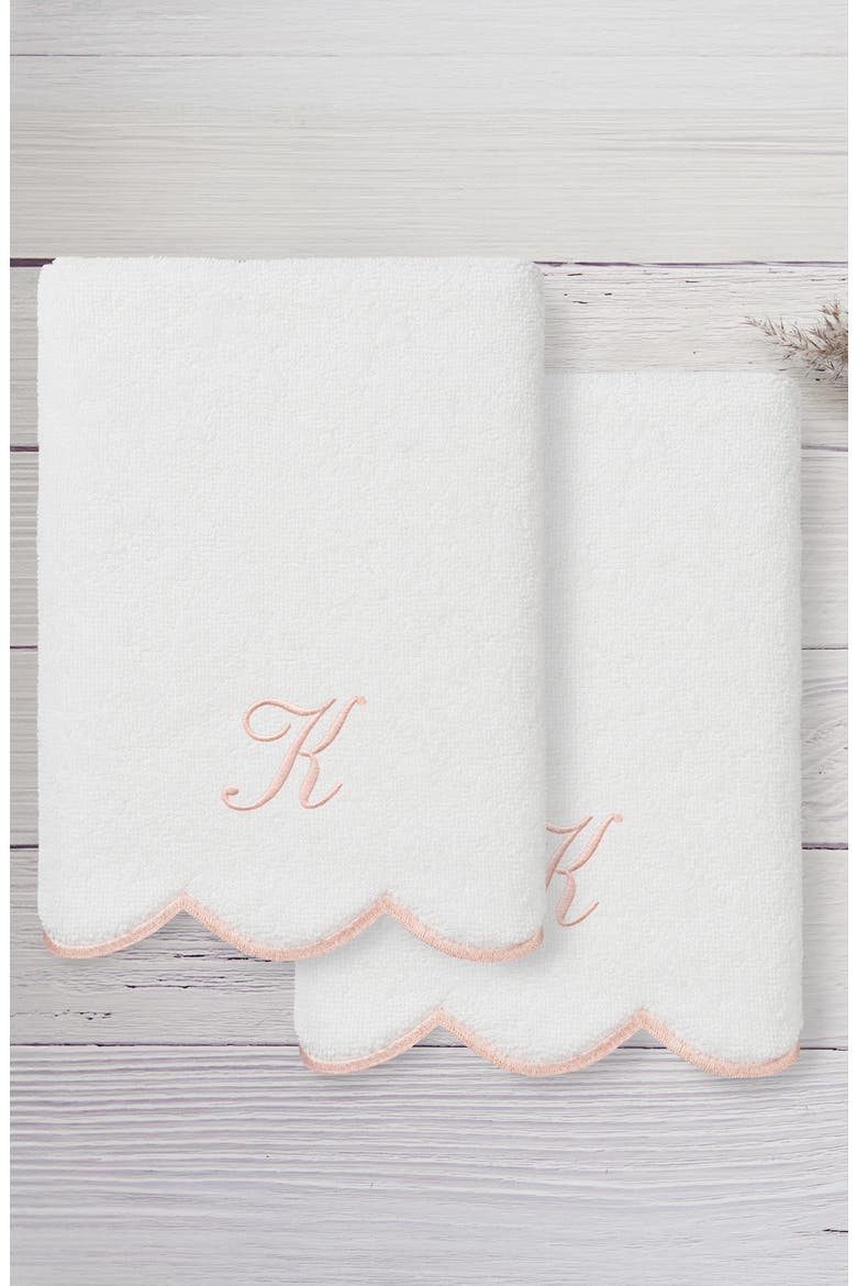 Adornia Scallop Set of 2 Monogram Hand Towels, Alternate, color, WHITE/ PINK K