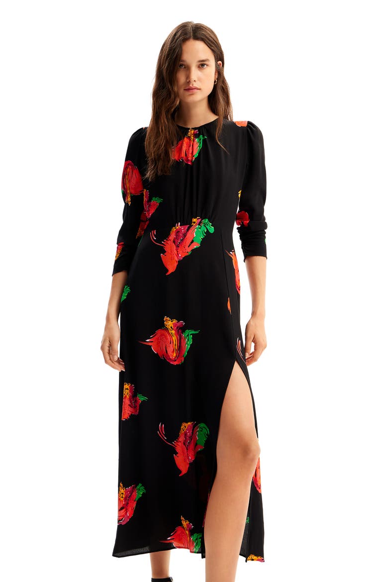 Long Floral Slit Dress, Alternate, color, BLACK