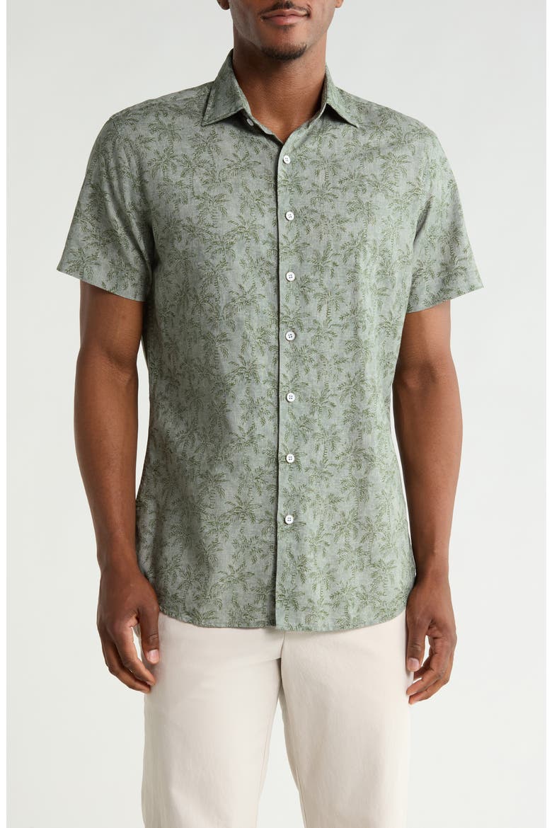 Brooklyn Short Sleeve Cotton & Line Blend Button-Up Shirt, Main, color, FERN