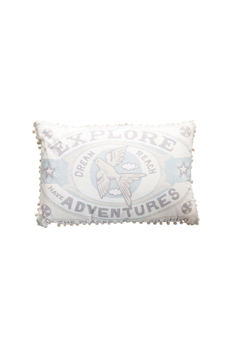 Lumbar Multi Color "Explore Have Adventures" Cotton Pillow, Main, color, Blue