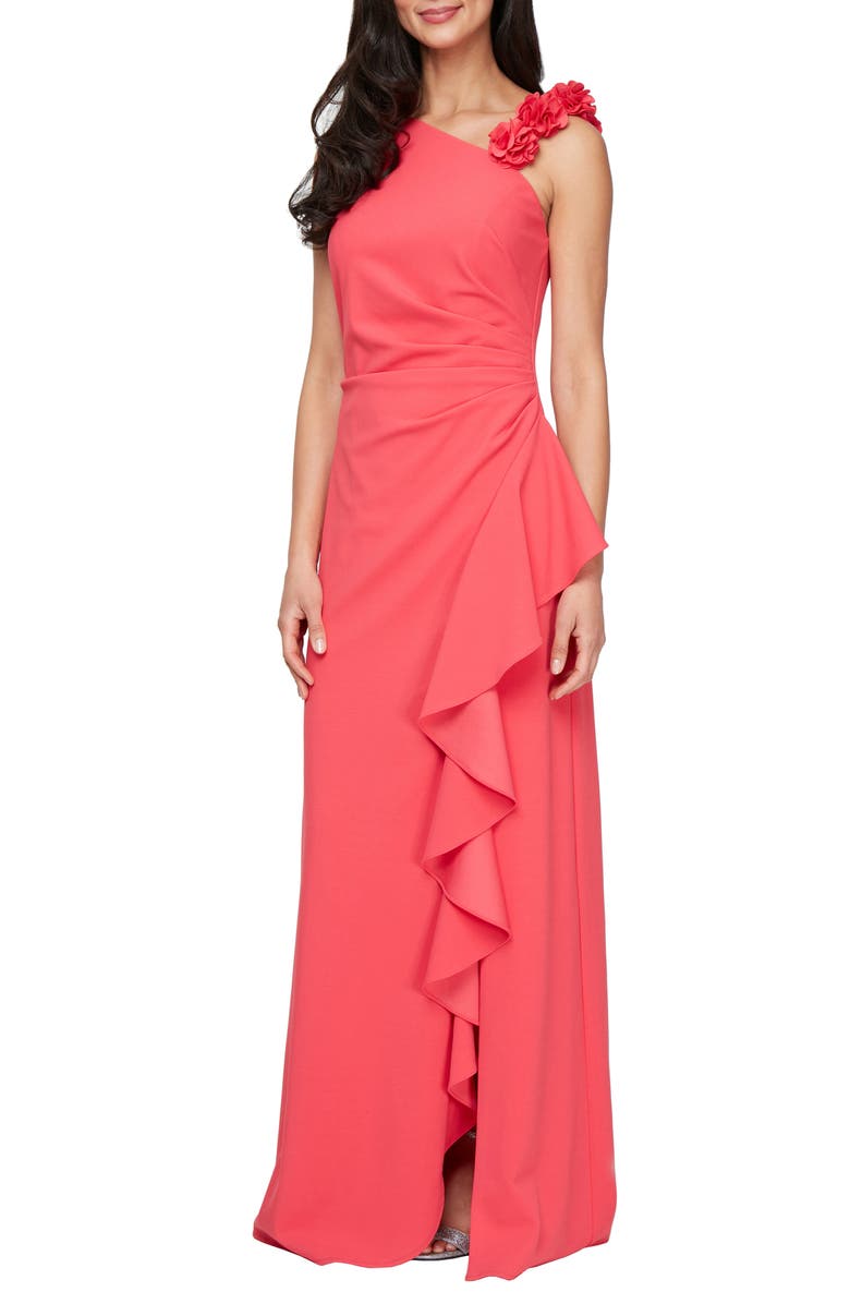 Alex Evenings Floral Strap Ruffle Detail Stretch Crepe Gown, Main, color, Coral