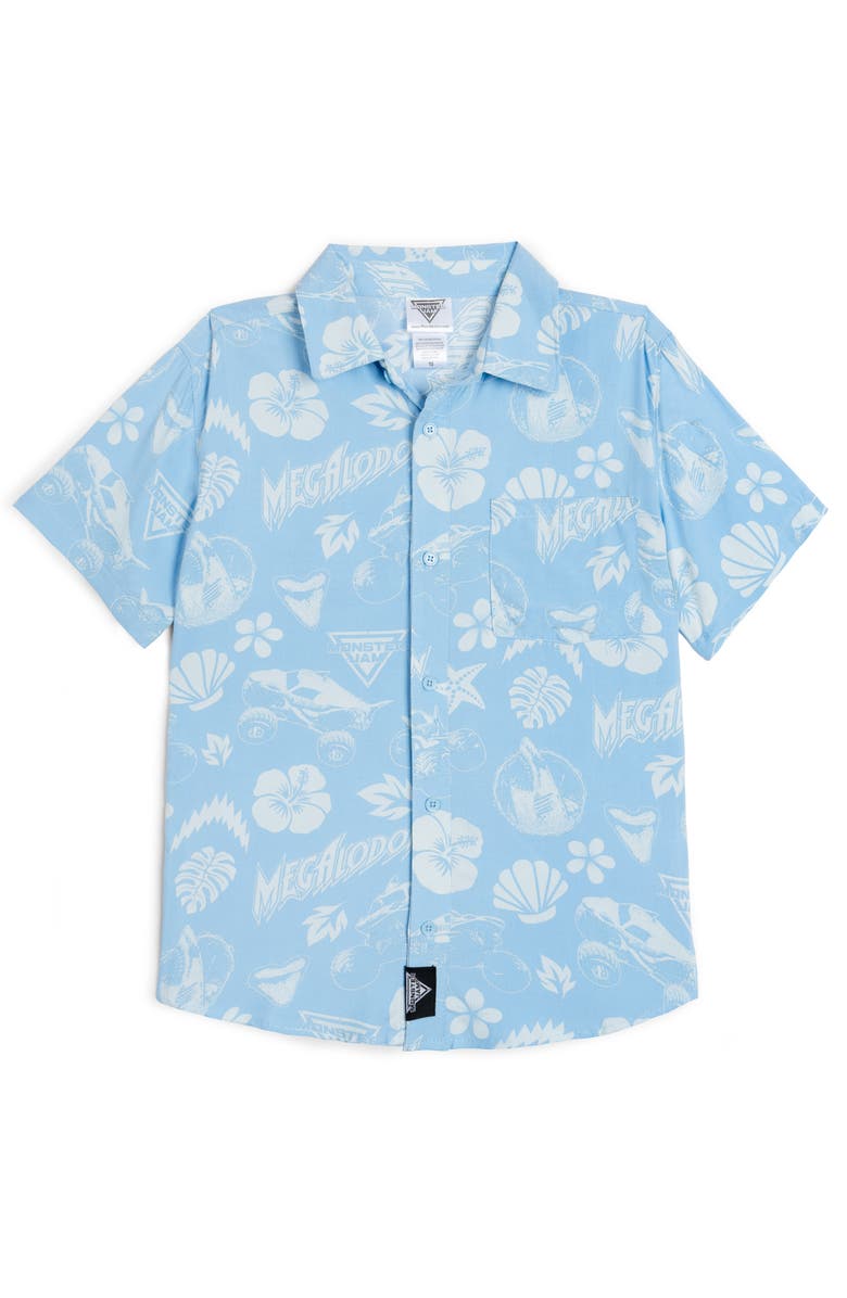 Monster Jam Short Sleeve Button Down Shirt, Main, color, Megalodon Sky Blue
