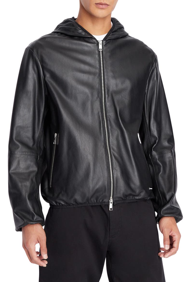 Hooded Leather Jacket, Main, color, SOLID BLACK