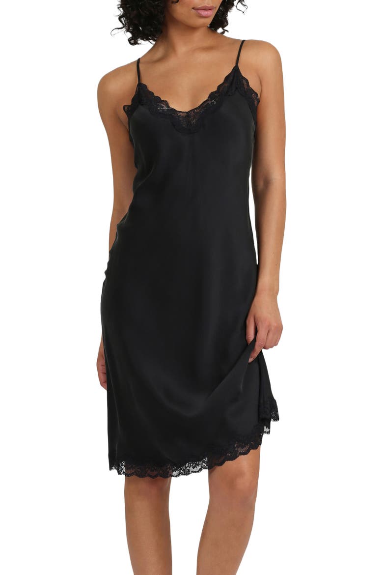Camille Lace Trim Silk Nightgown, Alternate, color, BLACK