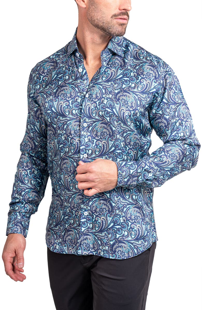 Maceoo Fibonacci Ascension 0219 Paisley Contemporary Fit Button-Up Shirt, Alternate, color, Blue