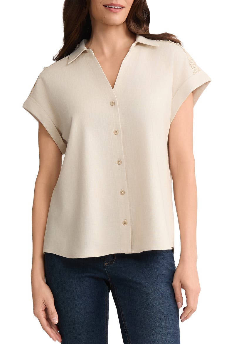 Lace Detail Linen Blend Button-Up Shirt, Main, color, NATURAL STONE