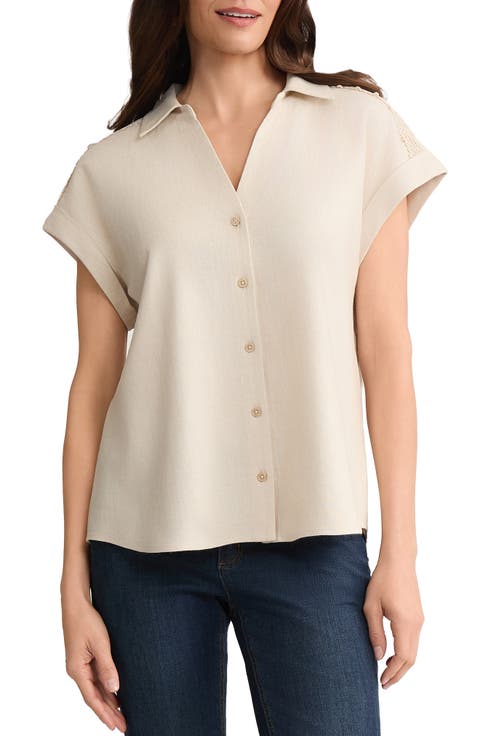 Lace Detail Linen Blend Button-Up Shirt (Regular & Petite)