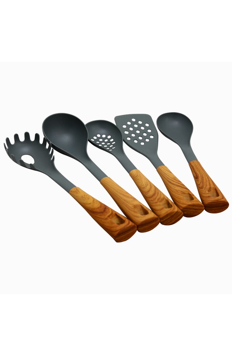 OSTER Everwood Kitchen Nylon Tools Set with Wood Inspi Handles, Set of 5, Main, color, Brown