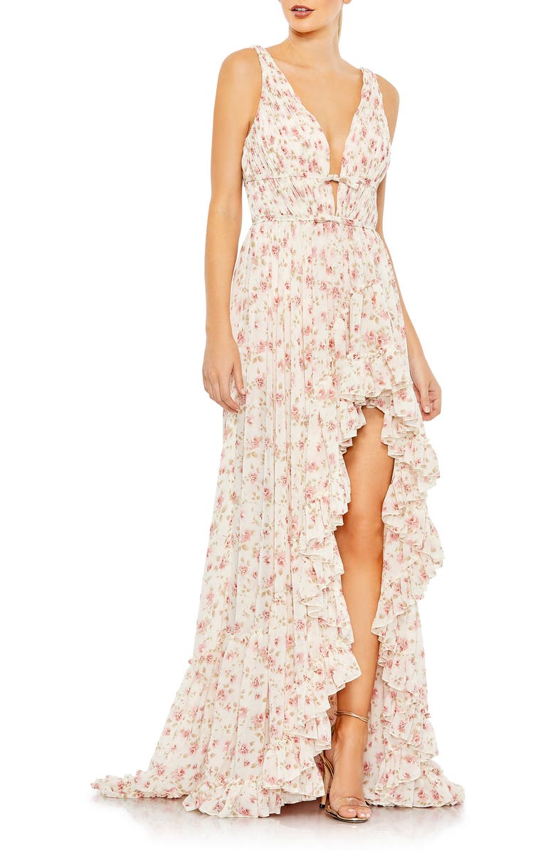 Mac Duggal Floral Print Sleeveless Plunge Neck Ruffle High Low Gown, Main, color, Pink Multi