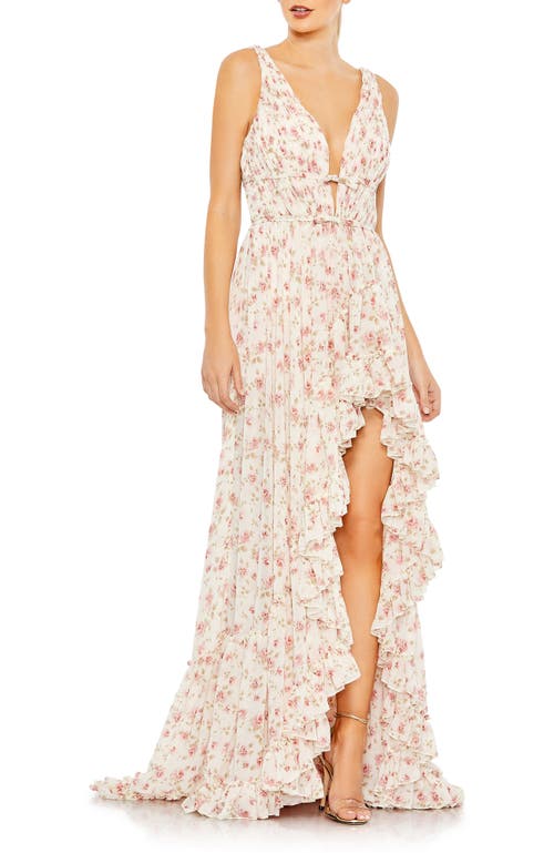 Mac Duggal Floral Print Sleeveless Plunge Neck Ruffle High Low Gown In Pink Multi