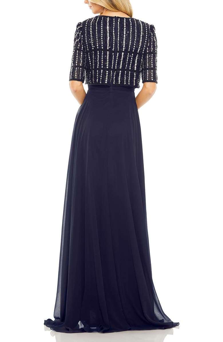 Mac Duggal Fully Beaded 3/4 Sleeves Top Chiffon Gown, Alternate, color, Midnight