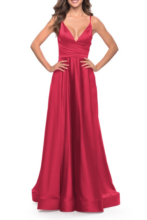 Long Satin Dress with Side Slit and V Shaped Back
