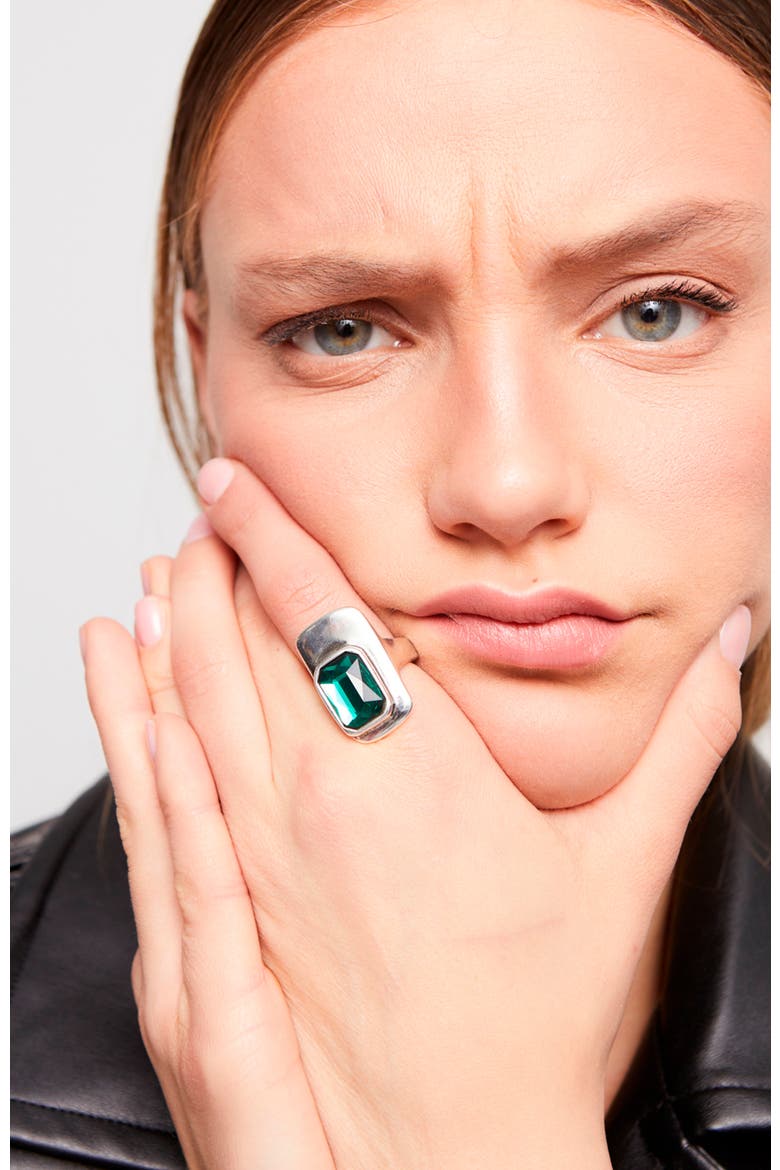 Sterling Silver Plated Ring with Green Crystal, Alternate, color, Silver
