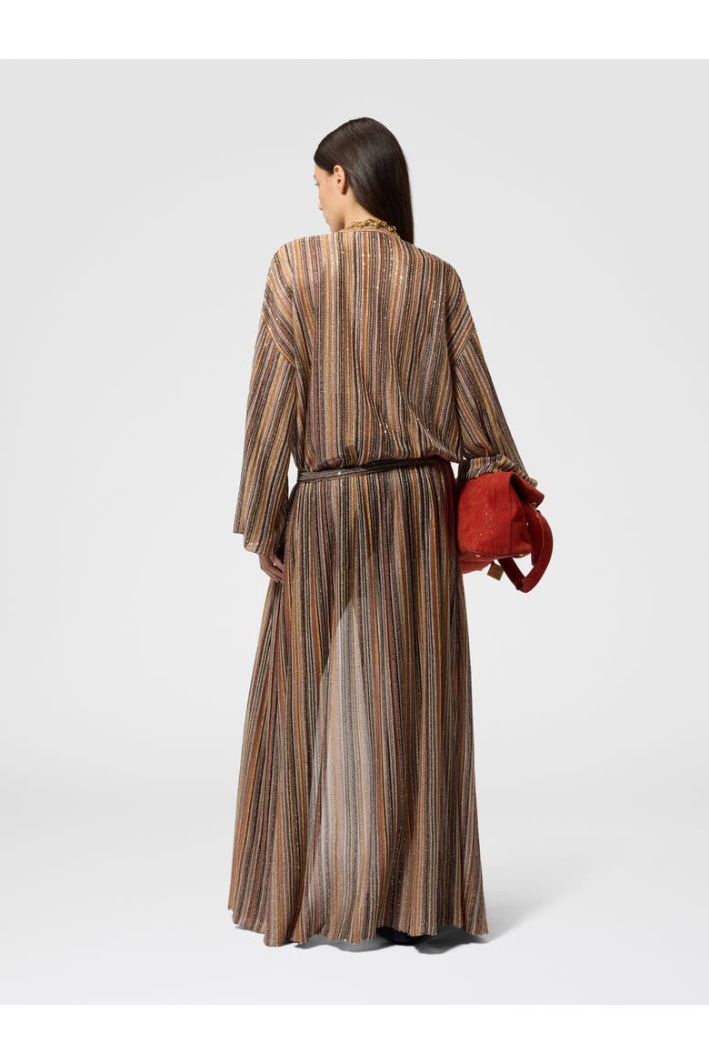 Long Cardigan In Ribbed Viscose Lamé With Belt, Alternate, color, Gold& Beige