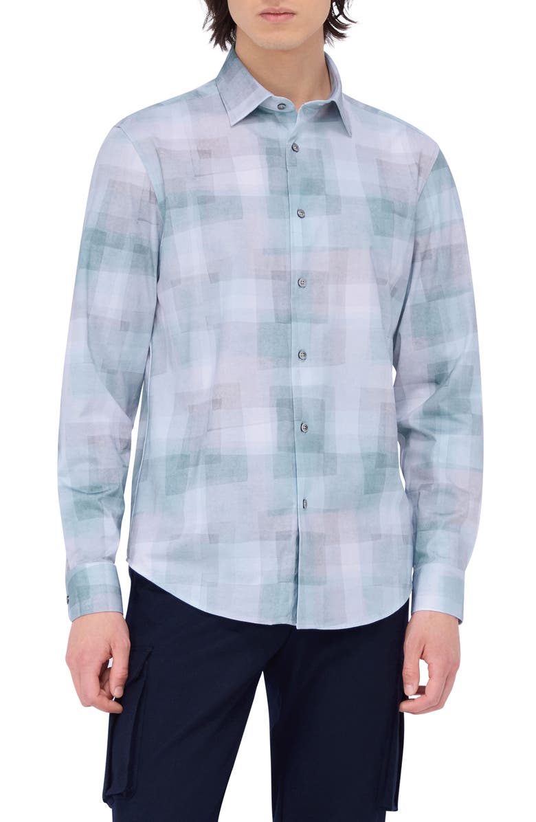 Bugatchi James OoohCotton<sup>®</sup> Print Button-Up Shirt, Main, color, Sage