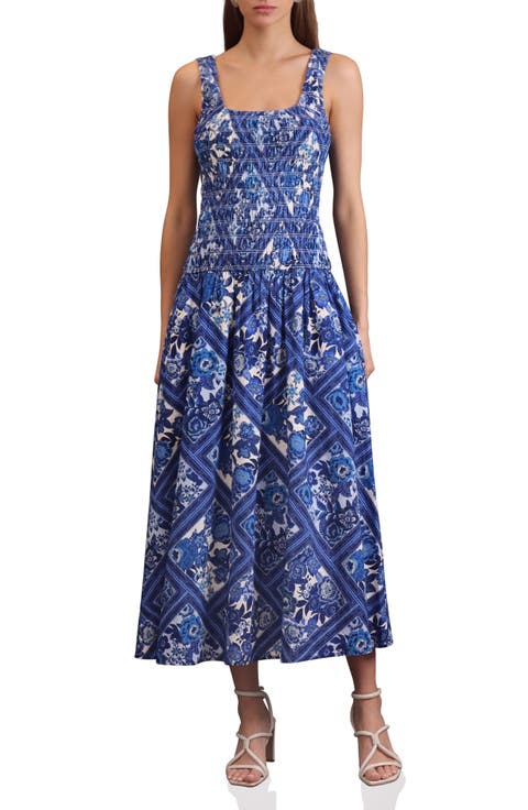 Drop Waist Smocked Midi Dress