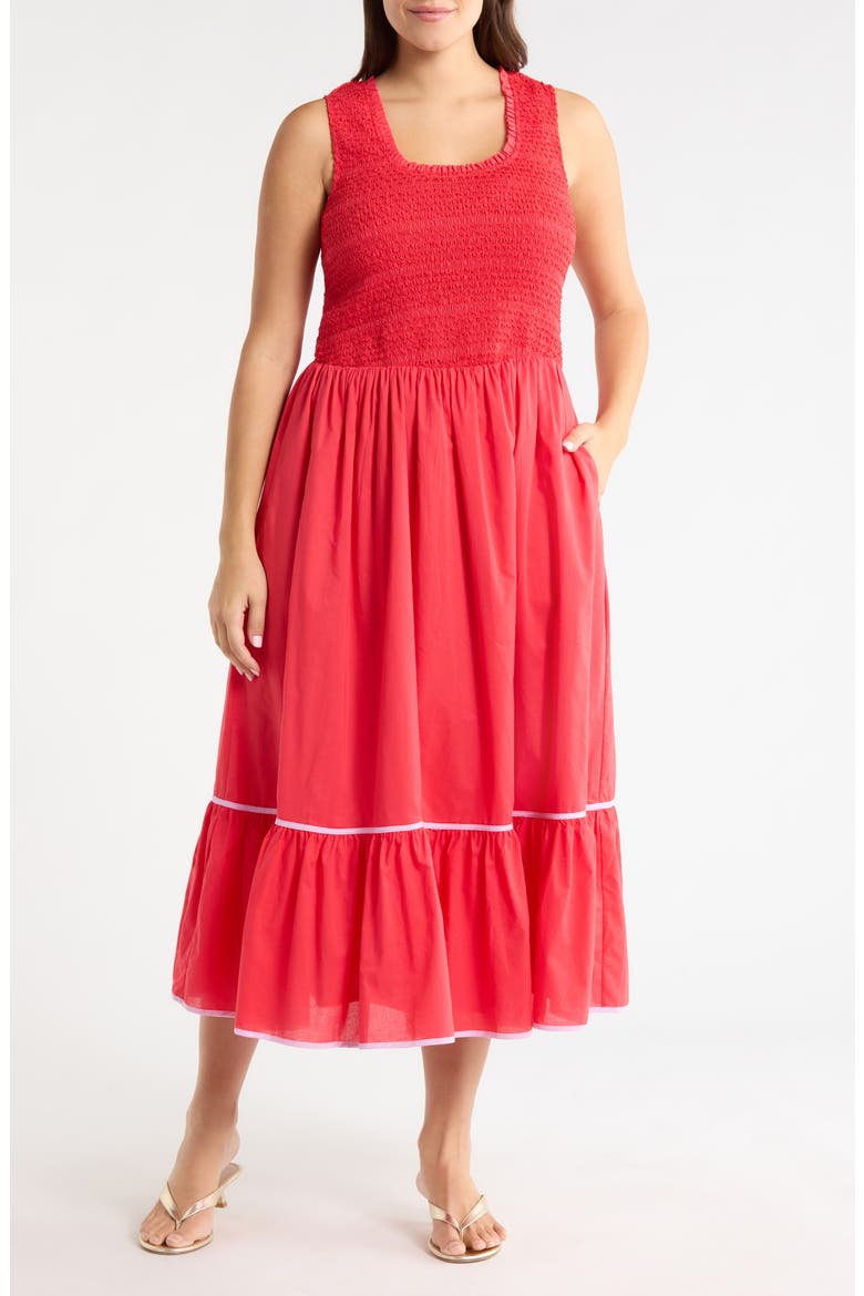 Jessy Smocked Sleeveless Midi Dress, Main, color, RED