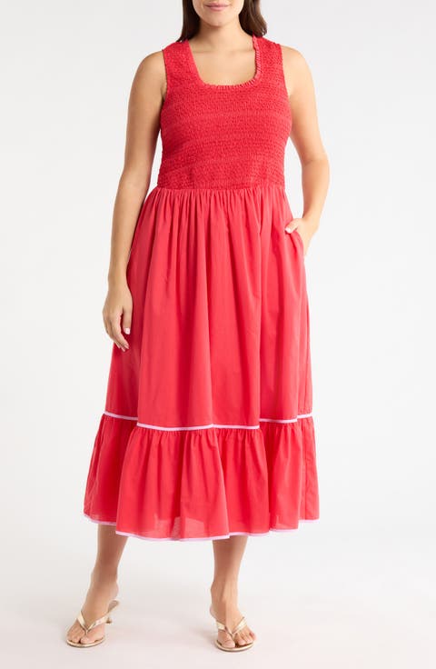 Jessy Smocked Sleeveless Midi Dress (Plus)