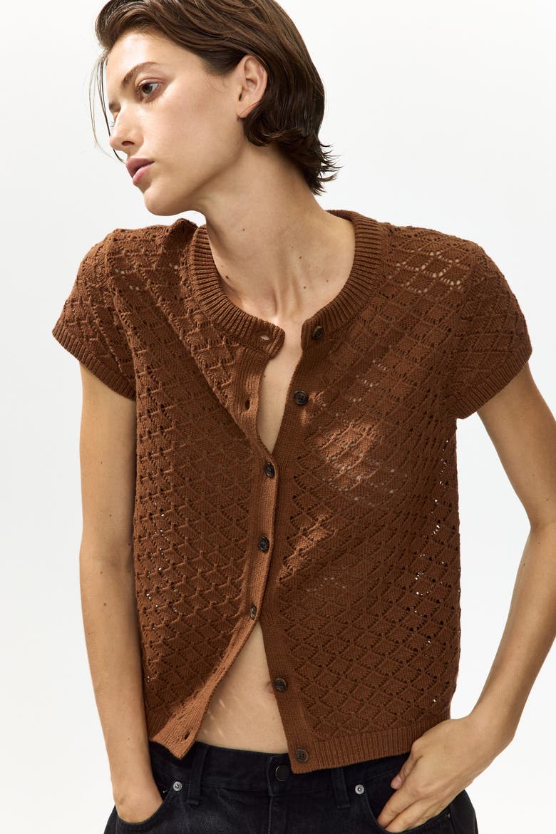 Cap-sleeved Pointelle-knit Cardigan, Alternate, color, Brown