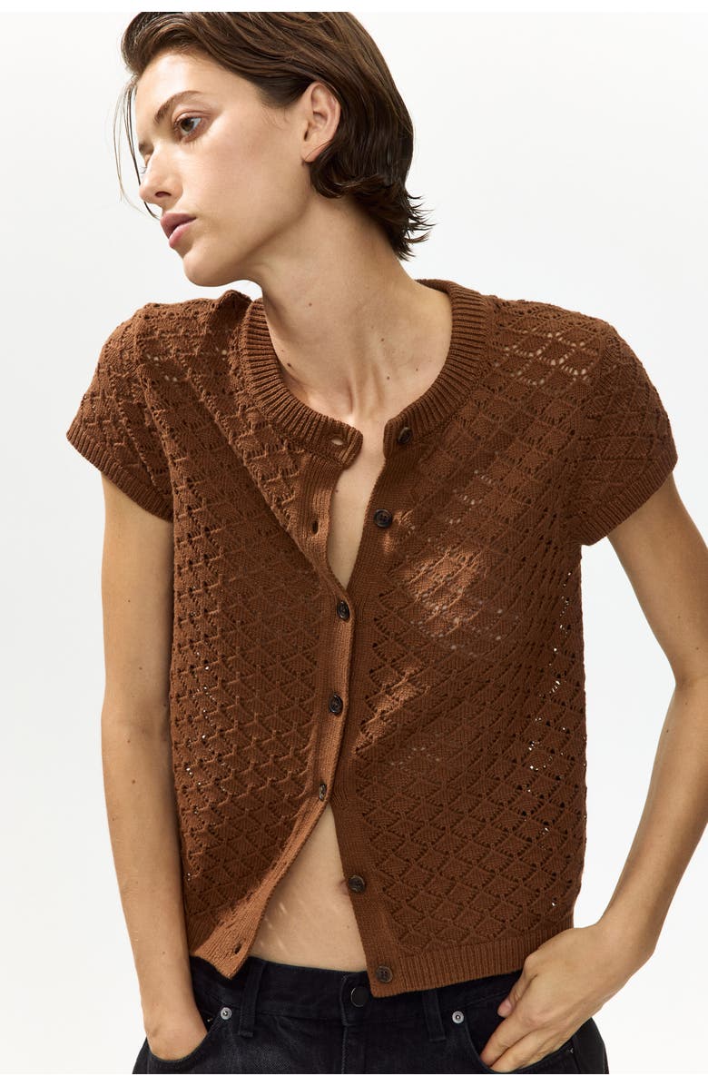H&M Cap-sleeved pointelle-knit cardigan, Alternate, color, Brown
