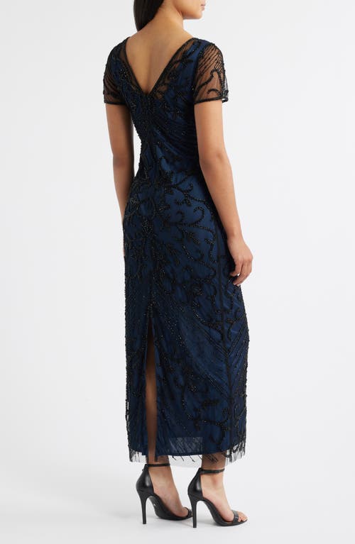 Pisarro Nights Beaded Mesh Column Gown In Blue