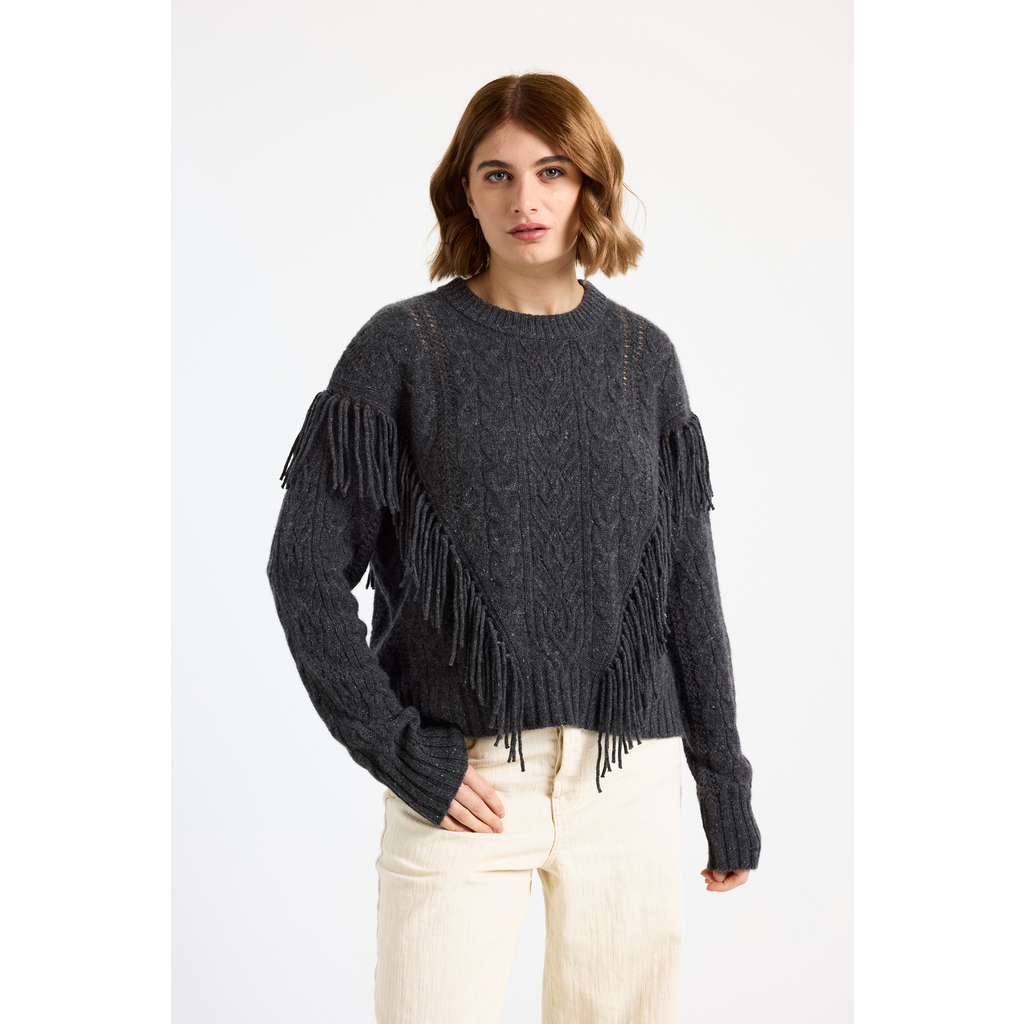 Brodie Pure Cashmere Cable Fringed 100% Cashmere Sweater in Shale  product
