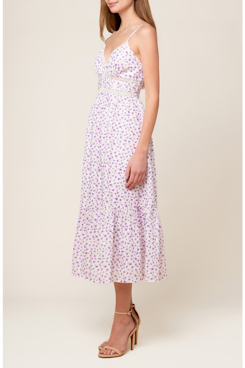 Floral Lace Trim Fit & Flare Midi Dress, Alternate, color, WHITE/ LAVENDER