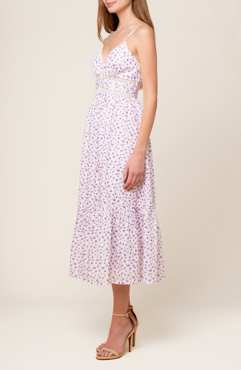 FLYING TOMATO Floral Lace Trim Fit & Flare Midi Dress, Alternate, color, White/ Lavender