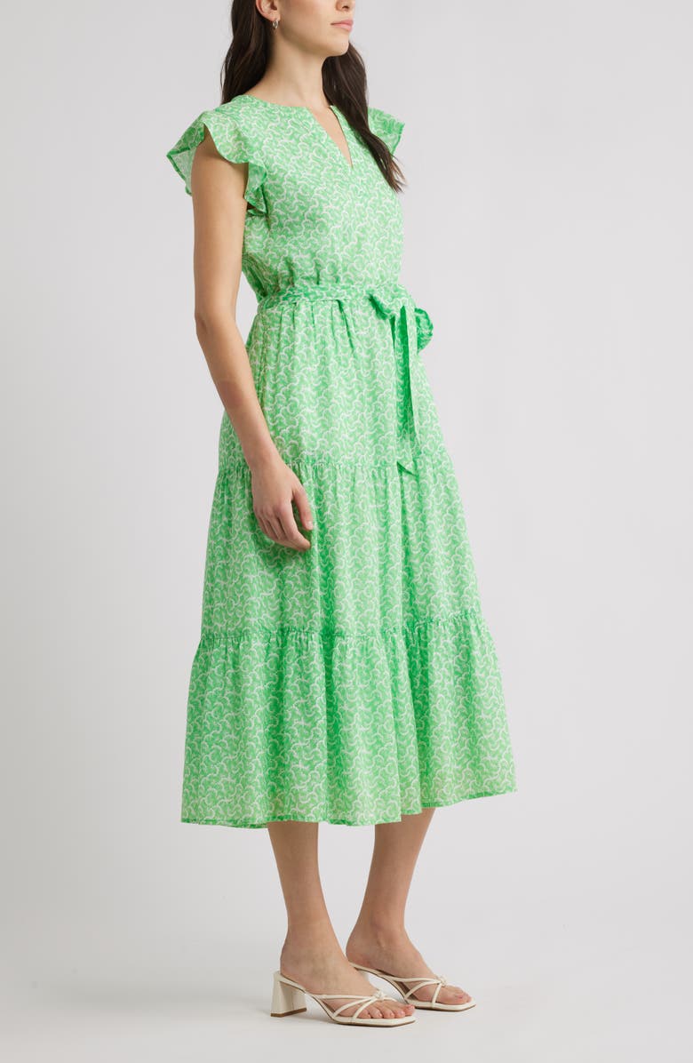 Caslon<sup>®</sup> Print Ruffle Sleeve Tie Waist Midi Dress, Alternate, color, Green- White Sunburst Geo